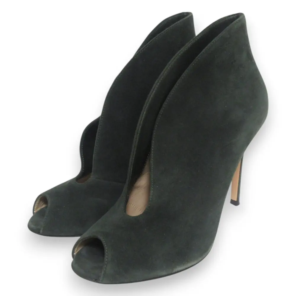 Gianvito Rossi ジャンヴィトロッシ スエード オープントゥブーティ パンプス 37.5 約24.5cm グリーン系