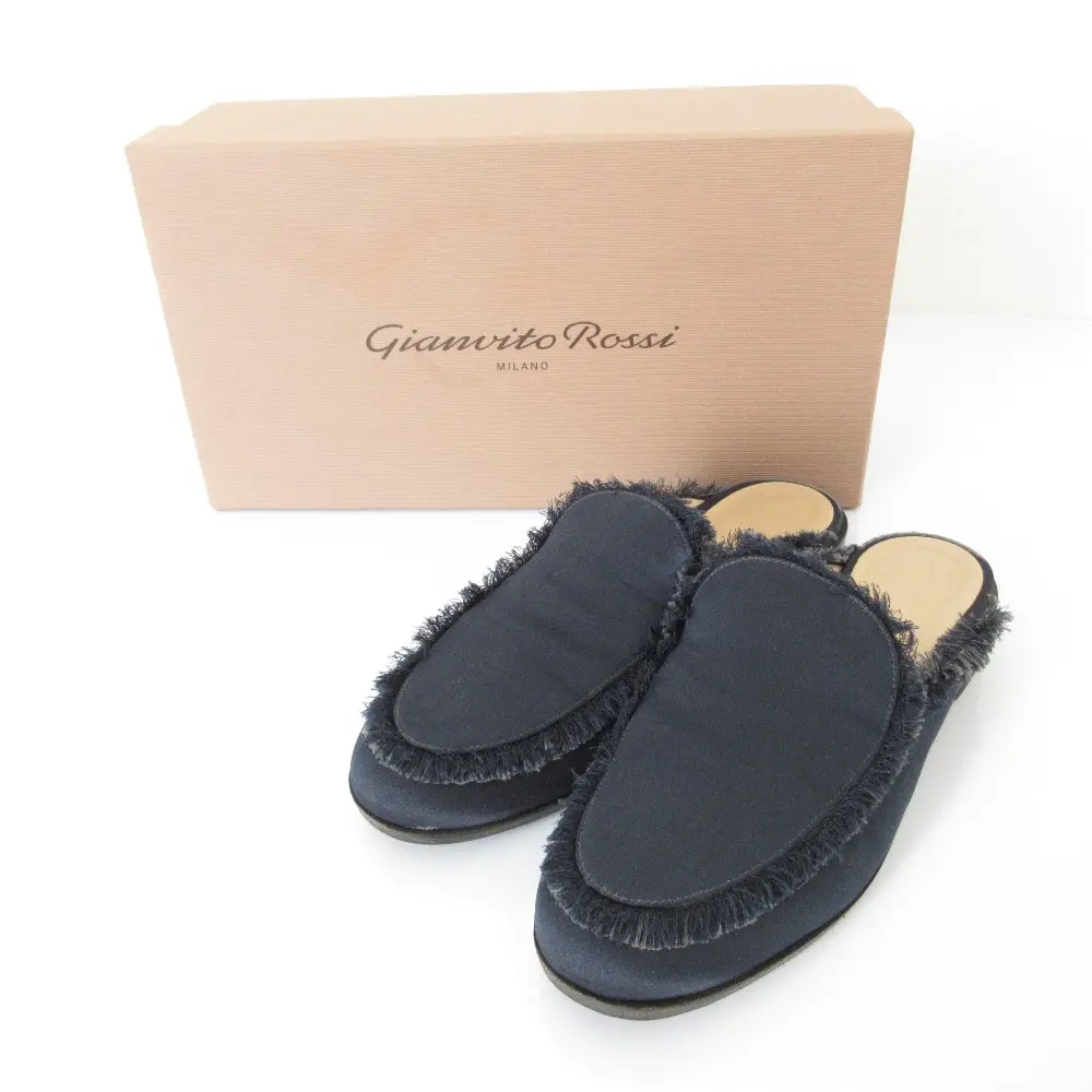 Gianvito Rossi ジャンビトロッシ CAICOS RASO DENIM サテン フリンジ ミュール ローファー サンダル 36 22.5～23.0cm相当 ネイビー