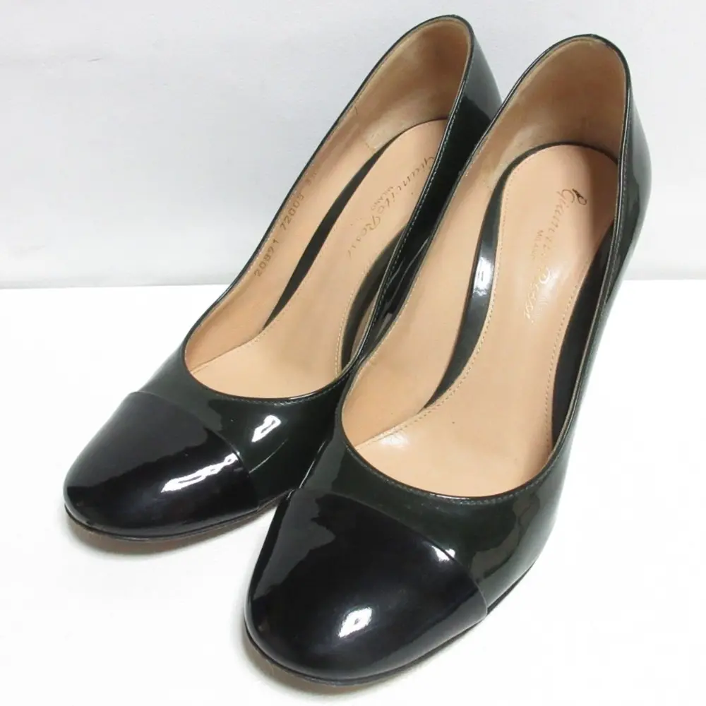 Gianvito Rossi ジャンビトロッシ LANGLEY PUMP 85 パテント チャンキーヒール パンプス 35.5 22.5cm ダークグリーン×ブラック