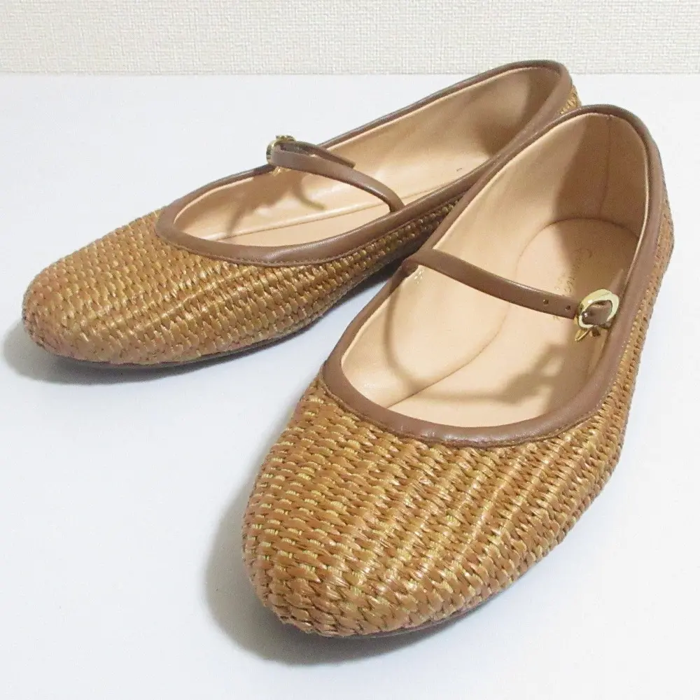 Gianvito Rossi ジャンヴィトロッシ CARLA ラフィア メッシュ メリージェーン パンプス バレエシューズ 37.5 約24.5cm ブラウン