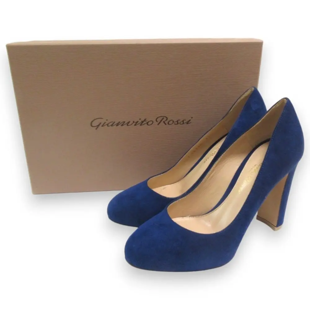 Gianvito Rossi ジャンヴィトロッシ スエード アーモンドトゥ チャンキーヒール パンプス ミュール 34.5 約21.5cm ブルー