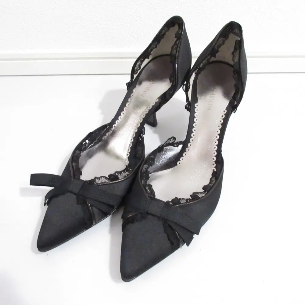 GIORGIO ARMANI ジョルジオアルマーニ リボン レース ポインテッドトゥ セパレート パンプス 35 22cm相当 ブラック