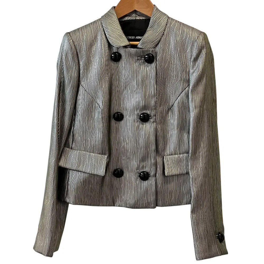GIORGIO ARMANI ジョルジオアルマーニ メタリックプリント リボン ダブルブレスト テーラードジャケット 38 シルバーカラー
