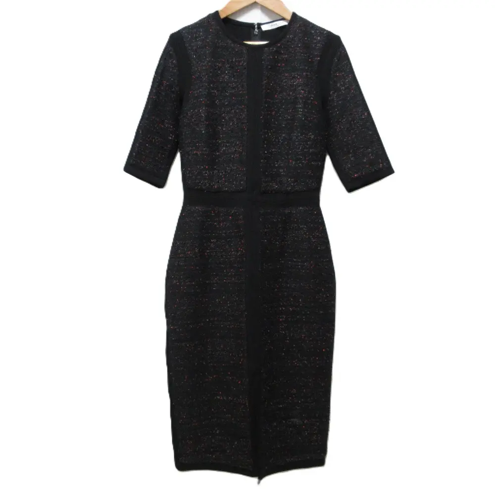 GIVENCHY ジバンシィ リボンヤーン ツイード 五分袖 ストレッチ ひざ下丈 コンビワンピース 38 ブラック系
