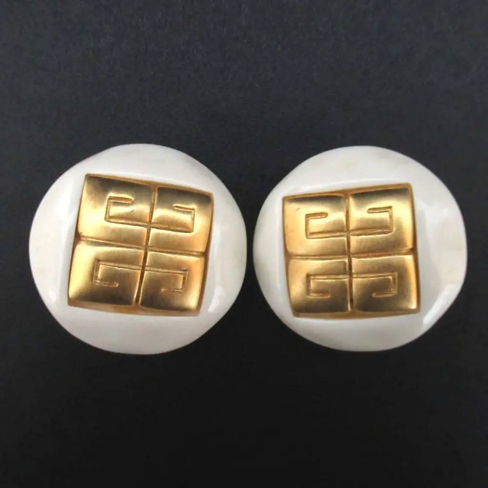 GIVENCHY ジバンシィ ジバンシー ヴィンテージ ロゴモチーフ ラウンド クリップ イヤリング アクセサリー GP ゴールド×ホワイト