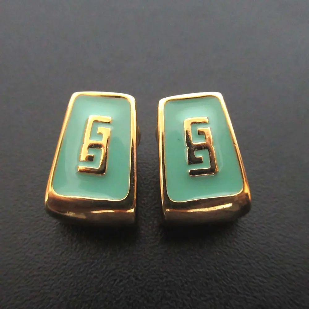 GIVENCHY ジバンシー ジバンシィ 80s ヴィンテージ ロゴモチーフ スクエア クリップ イヤリング アクセサリー GP ゴールド×グリーン