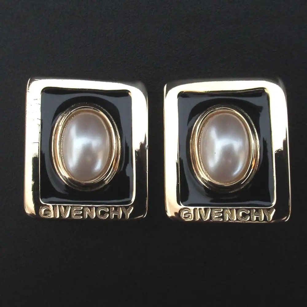 GIVENCHY ジバンシィ ヴィンテージ スクエアモチーフ パール クリップ イヤリング アクセサリー GP ゴールド×ブラック