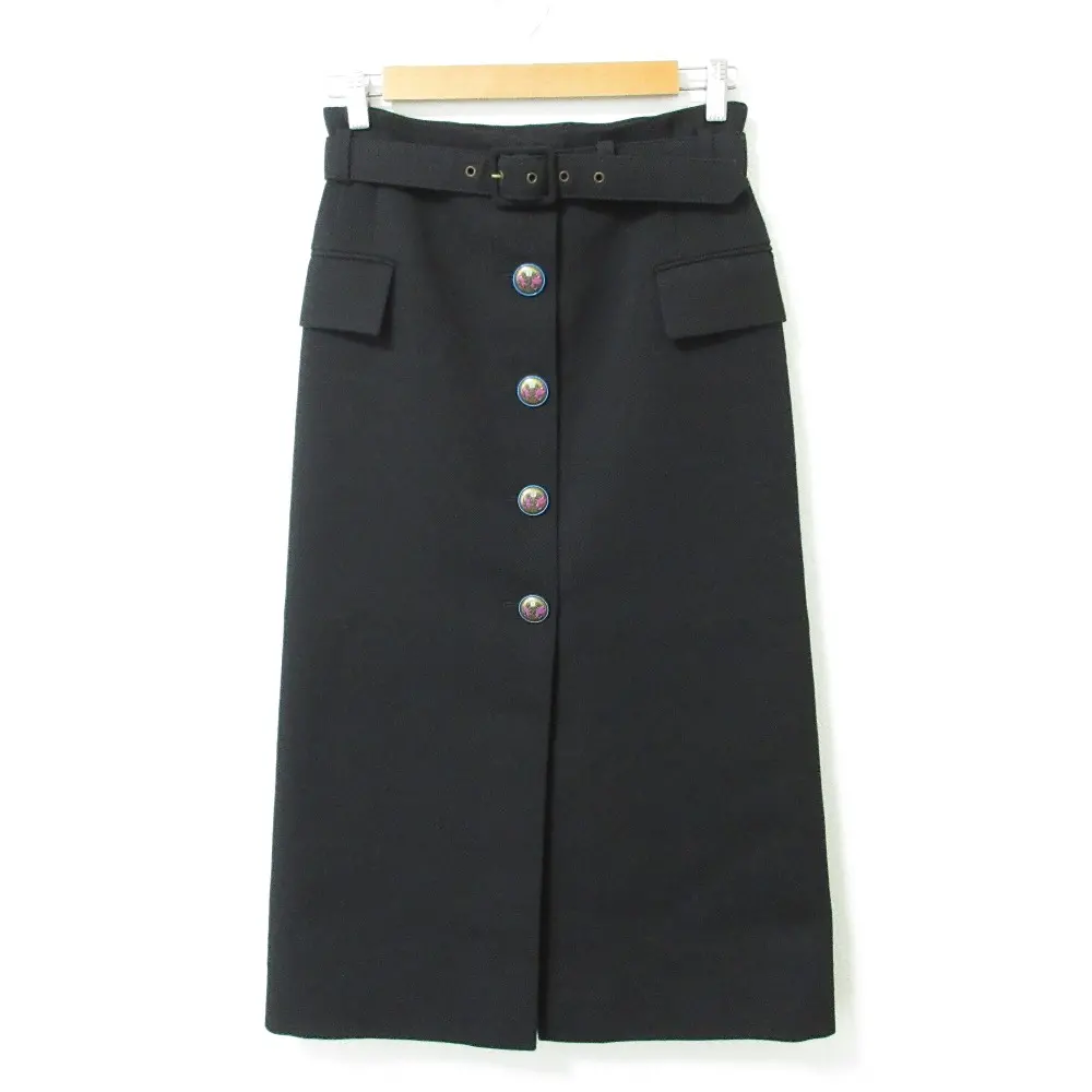 GIVENCHY ジバンシィ ウール 裏地シルク100％ フロントボタン 前後スリット ベルテッドロングスカート 34 ブラック