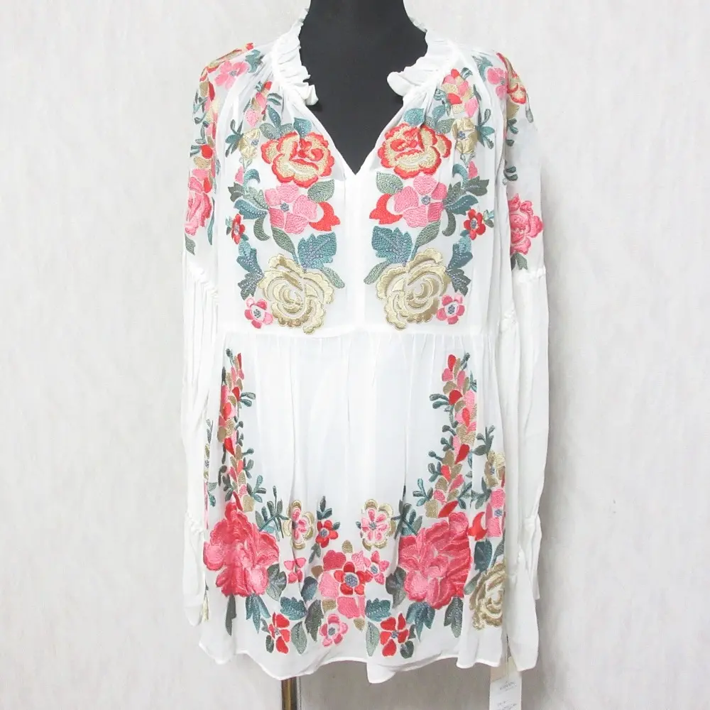 24SS GRACE CONTINENTAL グレースコンチネンタル フラワー刺繍ギャザートップ ブラウス チュニック 0124141017 36 ホワイト