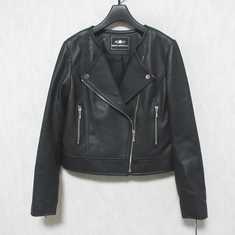 24SS GRACE CONTINENTAL グレースコンチネンタル ノーカラーレザーライダースジャケット 0124104072 サイズ36 ブラック