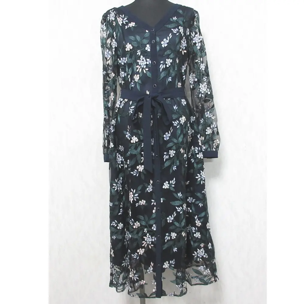 GRACE CONTINENTAL グレースコンチネンタル 2021年モデル フラワー刺繍フレアワンピース ロングドレス 0121035069 36 ネイビー