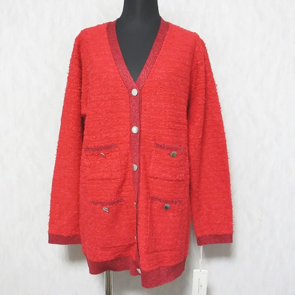 24AW GRACE CONTINENTAL グレースコンチネンタル メタル釦 Vネック ツイードバイカラーニットカーディガン 0124453018 36 レッド