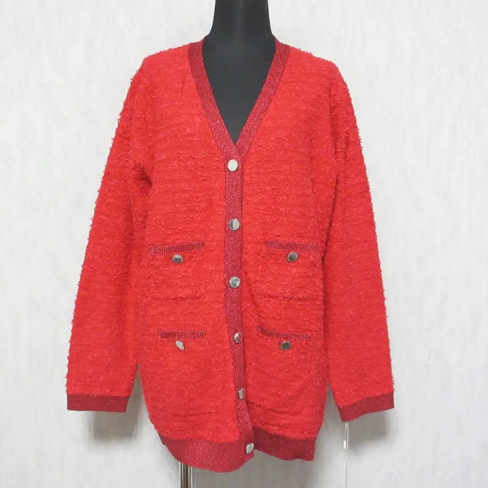 24AW GRACE CONTINENTAL グレースコンチネンタル Vネック 長袖 ツイードバイカラーニットカーディガン 0124453018 36 レッド
