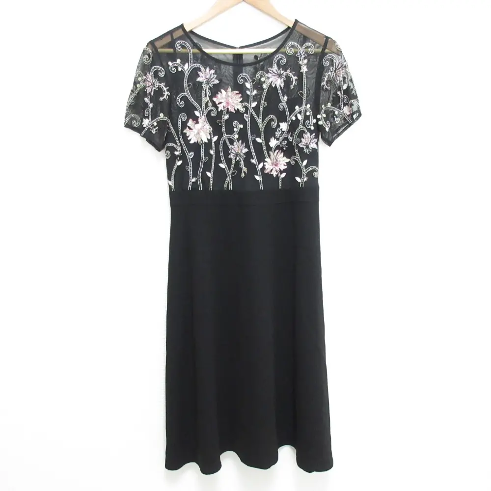 GRACE CONTINENTAL グレースコンチネンタル フラワー刺繍フレアワンピース シアー 切替 ミディドレス 19435090 サイズ36 ブラック
