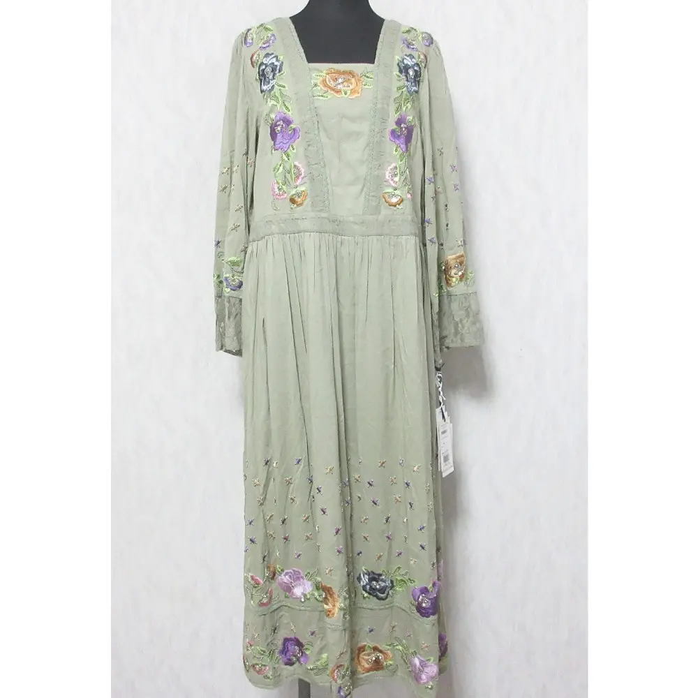 24SS GRACE CONTINENTAL グレースコンチネンタル フラワー刺繍エスニックワンピース 長袖 ロングドレス 0124131031 36 カーキ