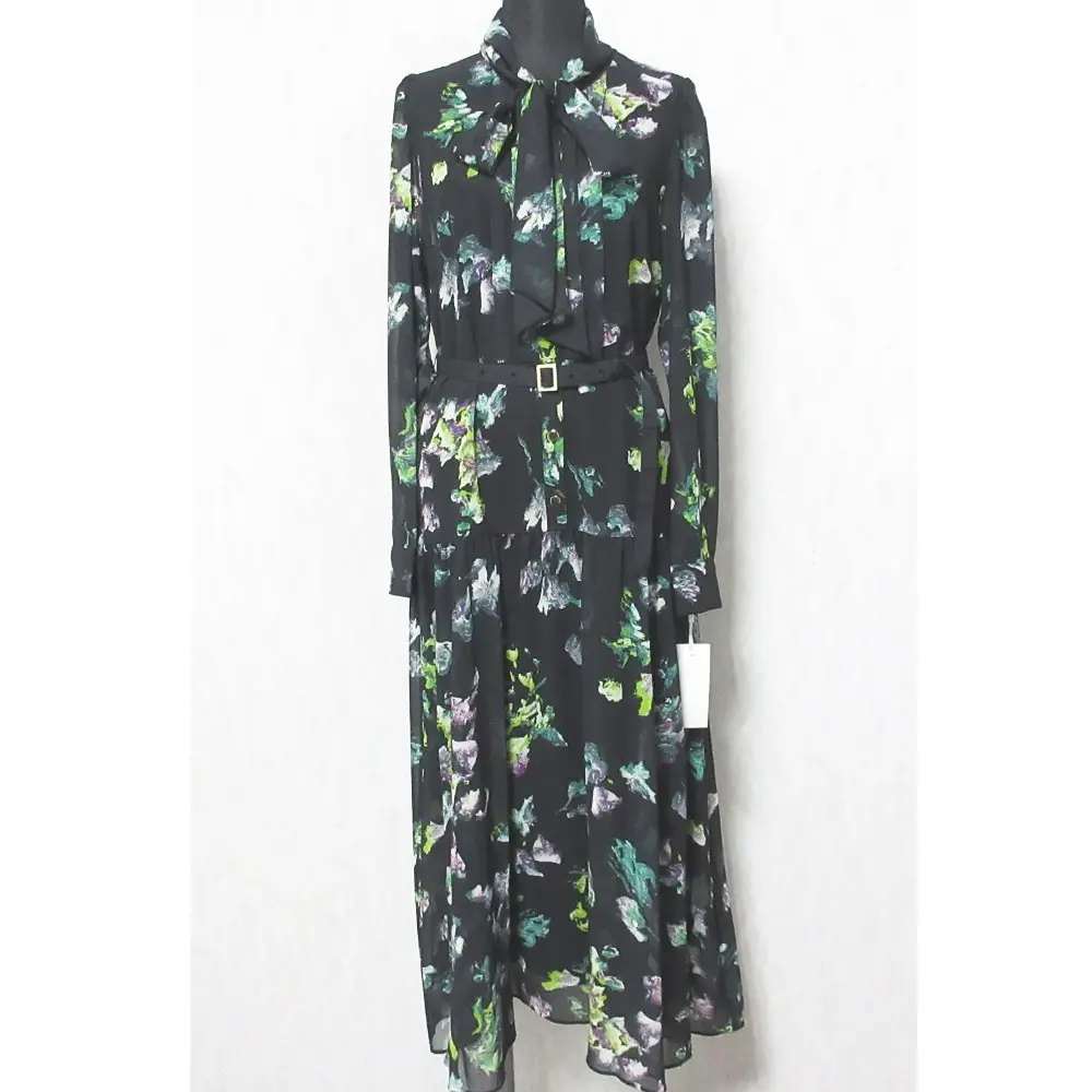 24AW GRACE CONTINENTAL グレースコンチネンタル フラワープリントボウタイ付ワンピース ロングドレス 0124331101 36 ブラック