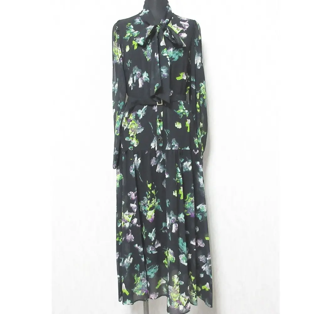24AW GRACE CONTINENTAL グレースコンチネンタル フラワープリントボウタイ付ワンピース ドレス 0124331101 36 ブラック