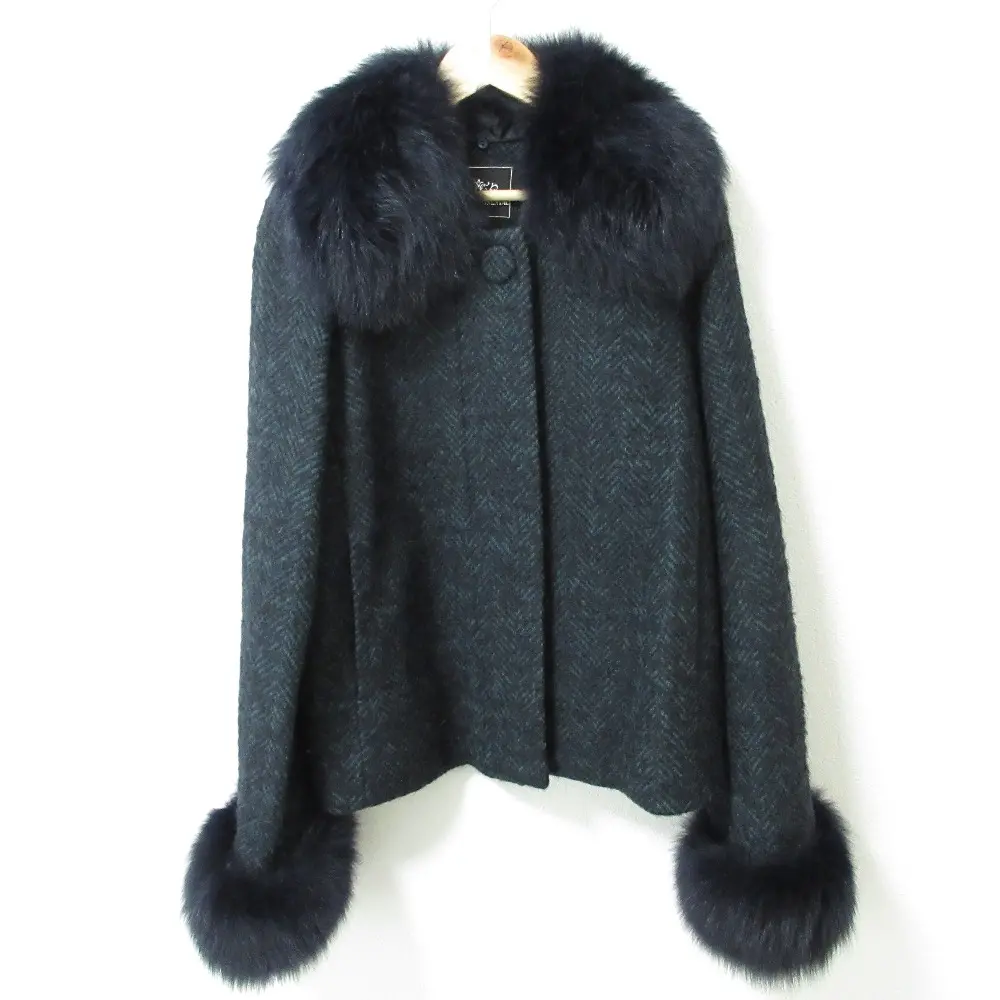 GRACE CONTINENTAL グレースコンチネンタル ヘリンボンツィードジャケット フォックスファー ショートコート 38 ネイビー