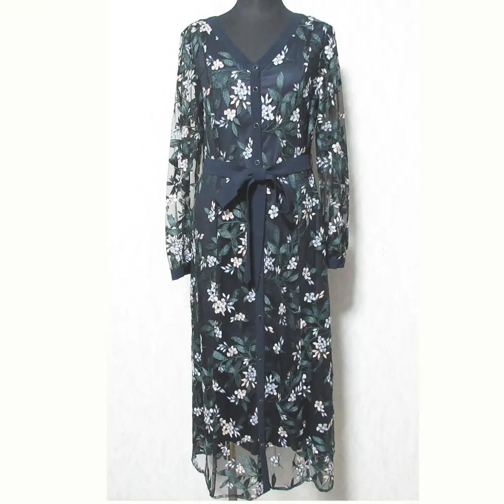 GRACE CONTINENTAL グレースコンチネンタル フラワー刺繍フレアワンピース 012035069 サイズ36 ネイビー