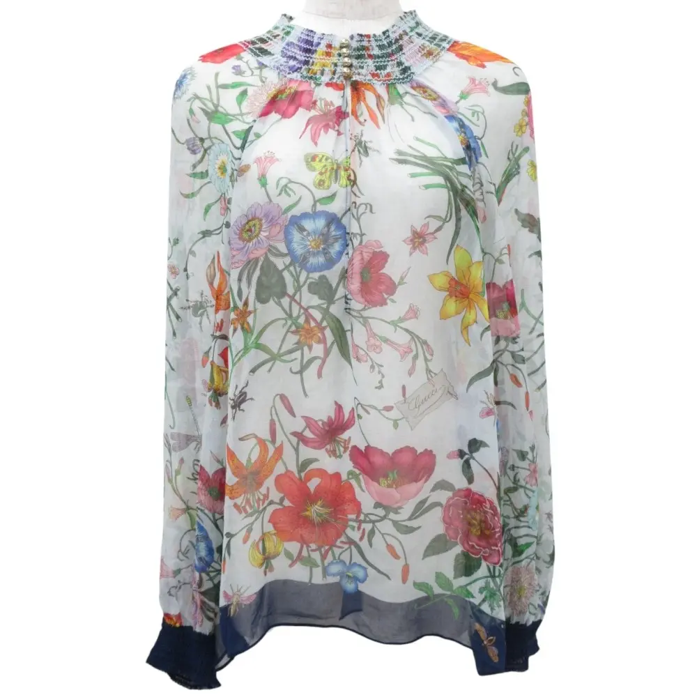 クリーニング済み GUCCI グッチ 日本上陸50周年記念 フローラプリント 長袖 シルク100％ シアー ブラウス 36 マルチカラー