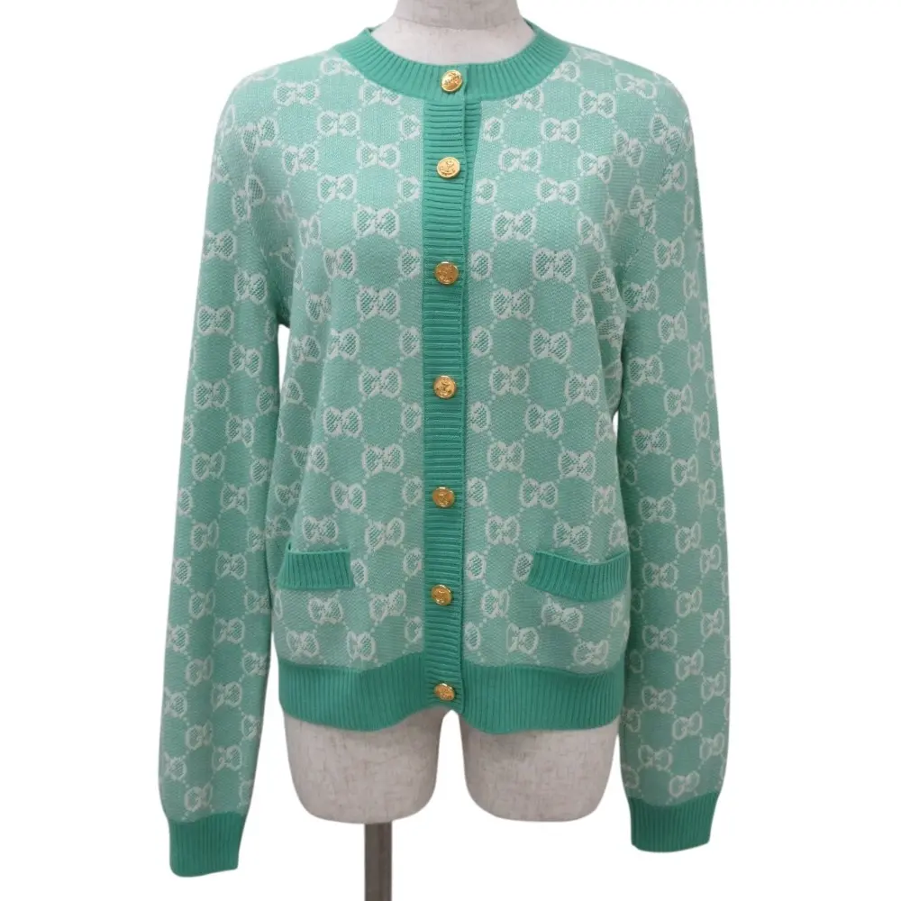 クリーニング済み GUCCI グッチ GG柄 コットン×ウール 金ボタン クルーネック ニットカーディガン 629452 サイズM グリーン