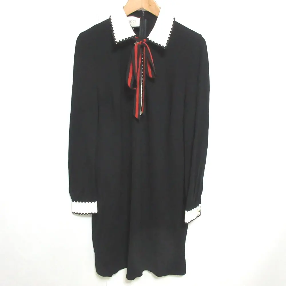 GUCCI グッチリボンタイ GGパールボタン ストレッチ 長袖 ひざ丈 ワンピース L ブラック