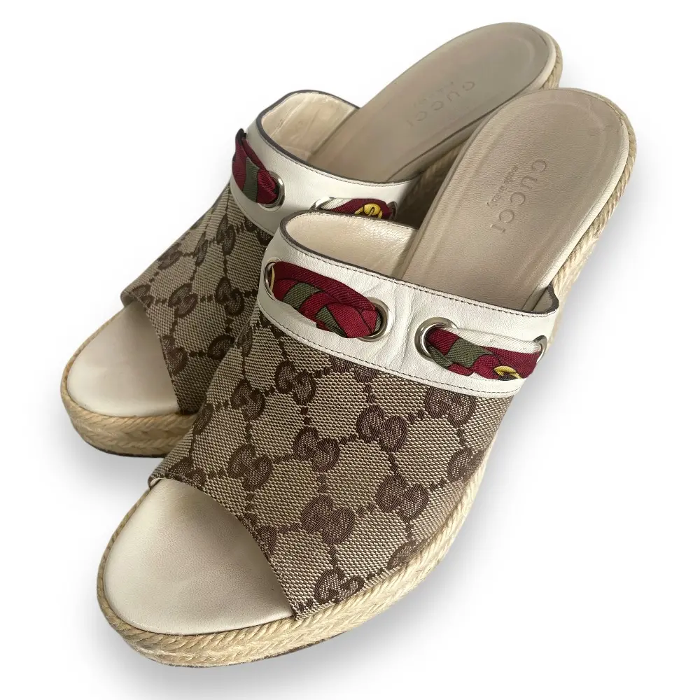 GUCCI グッチ GGキャンバス オープントゥ エスパドリーユ ウェッジソール サンダル 36C 約23cm ベージュ