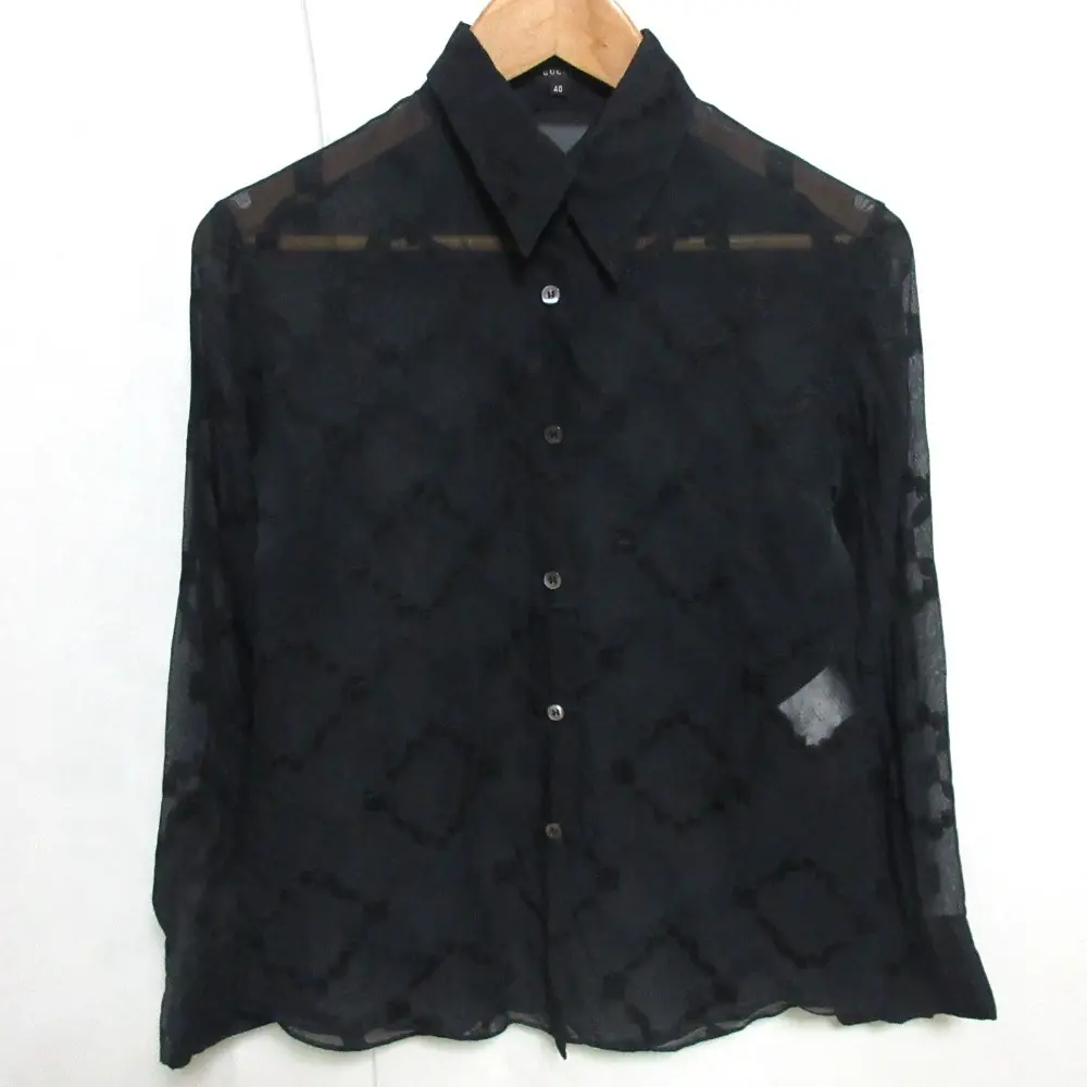 GUCCI グッチ トムフォード期 フラワー刺繍 シルク×アセテート 長袖 シアーブラウス シャツ 40 ブラック×ブラック