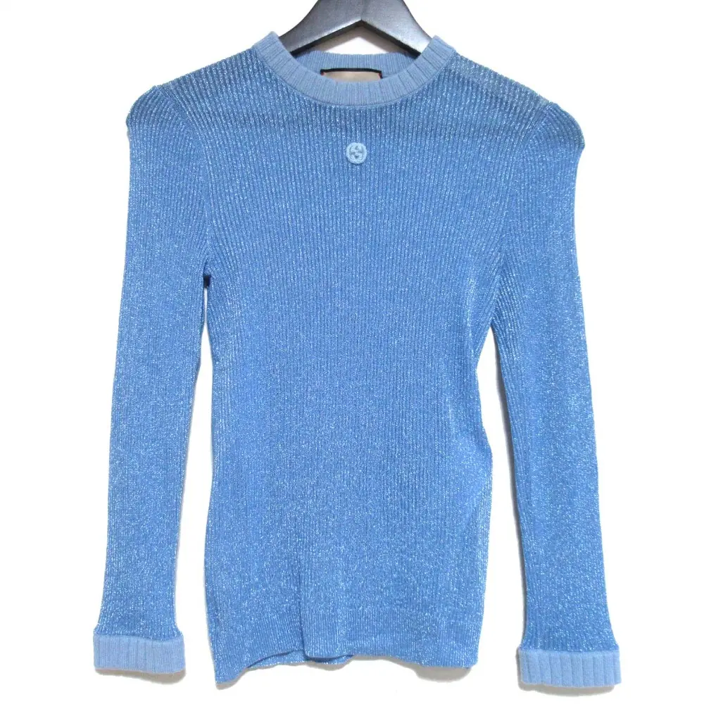 24SS GUCCI グッチ フロントインターロッキングG エクストラファイン 長袖 ラメ ニット トップ セーター 764639 Mサイズ ブルー