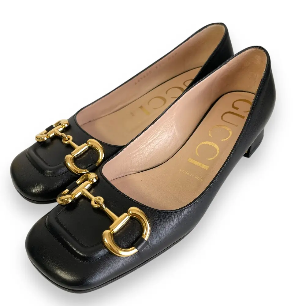 GUCCI グッチ レザー ホースビット スクエアトゥ ローヒール パンプス 37 1/2 約24.5cm ブラック