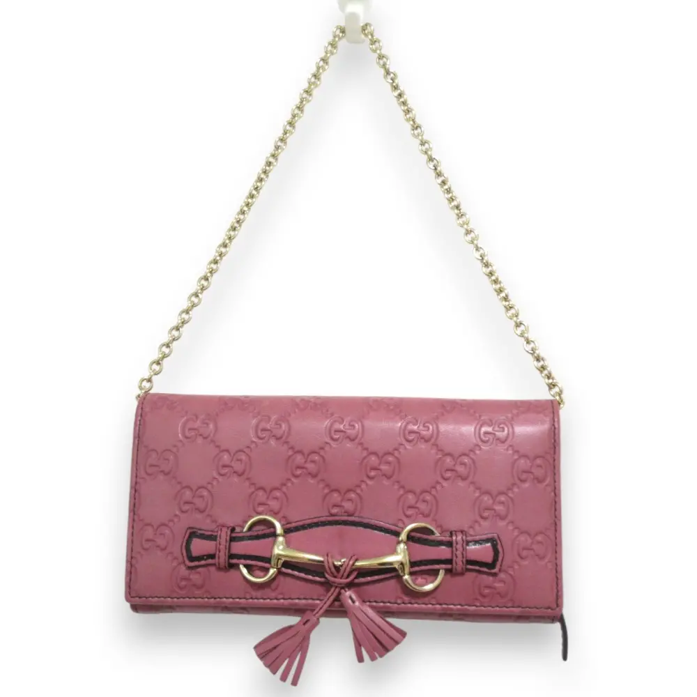 GUCCI グッチ シマ 型押しレザー ホースビット金具 三つ折り長財布 チェーンロングウォレット 295360 ピンク×ゴールド