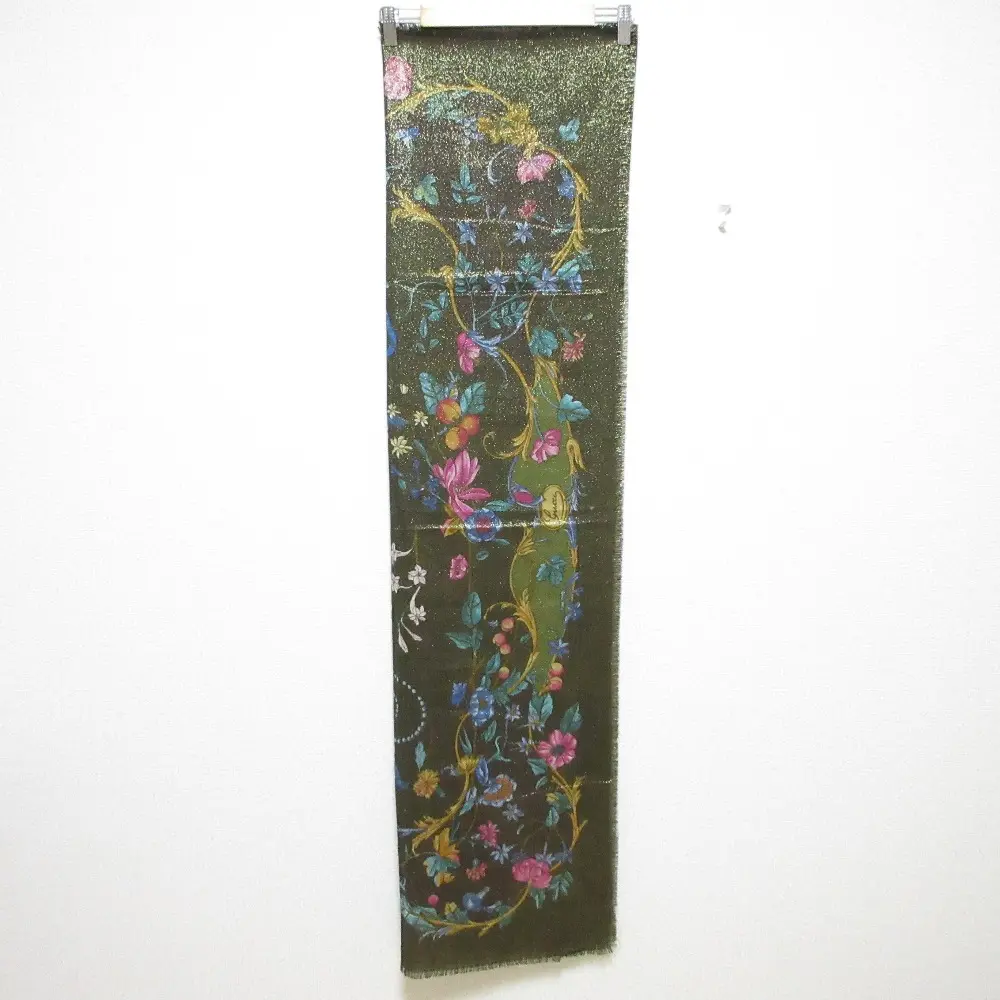 GUCCI グッチ フラワープリント ラメ 大判 ストール スカーフ ショール ブロンズ×カーキ