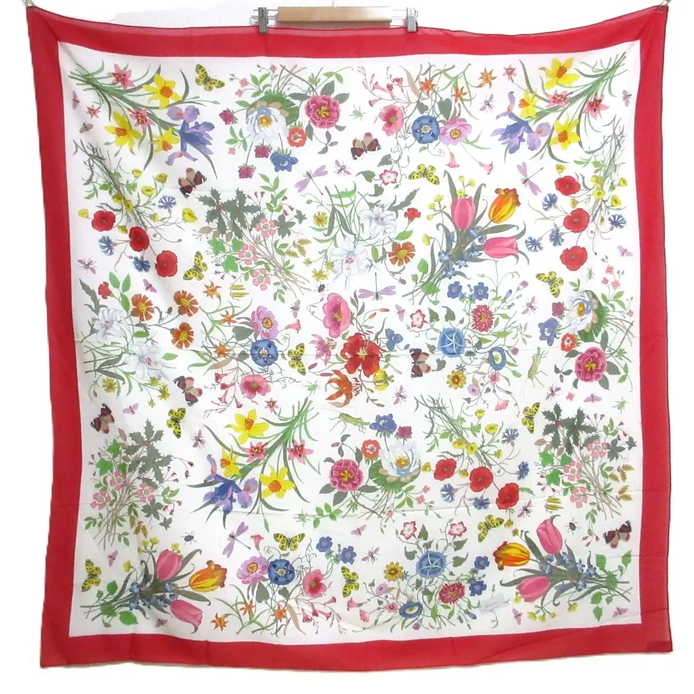 GUCCI グッチ ヴィンテージ フローラ柄 コットン 大判ストール スカーフ レッド