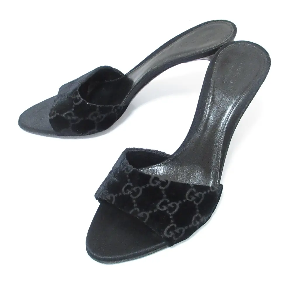 GUCCI グッチ GG柄 ベロア バンブーヒール ミュール サンダル 35.5C 22.5cm相当 ブラック×シルバー金具