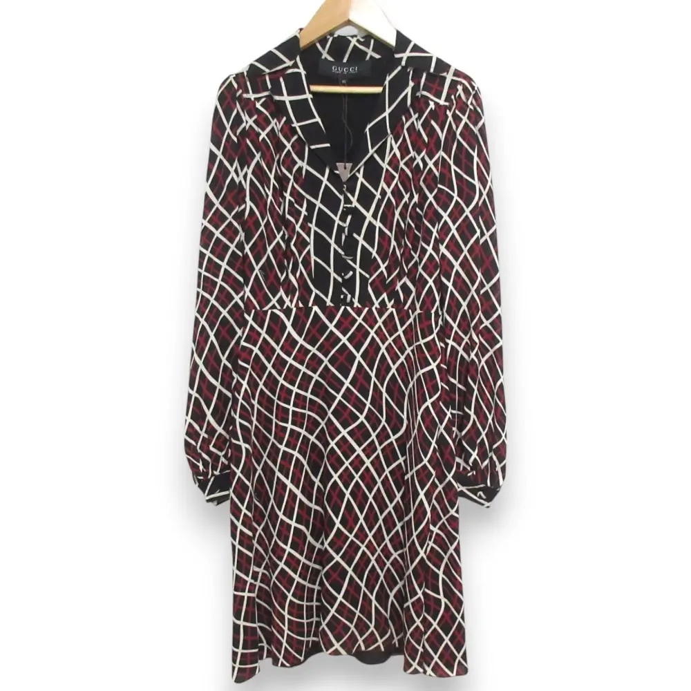 GUCCI グッチ シルク100％ ジオメトリックウェーブ チェック柄 長袖 ミモレ丈ワンピース ドレス 40 マルチカラー