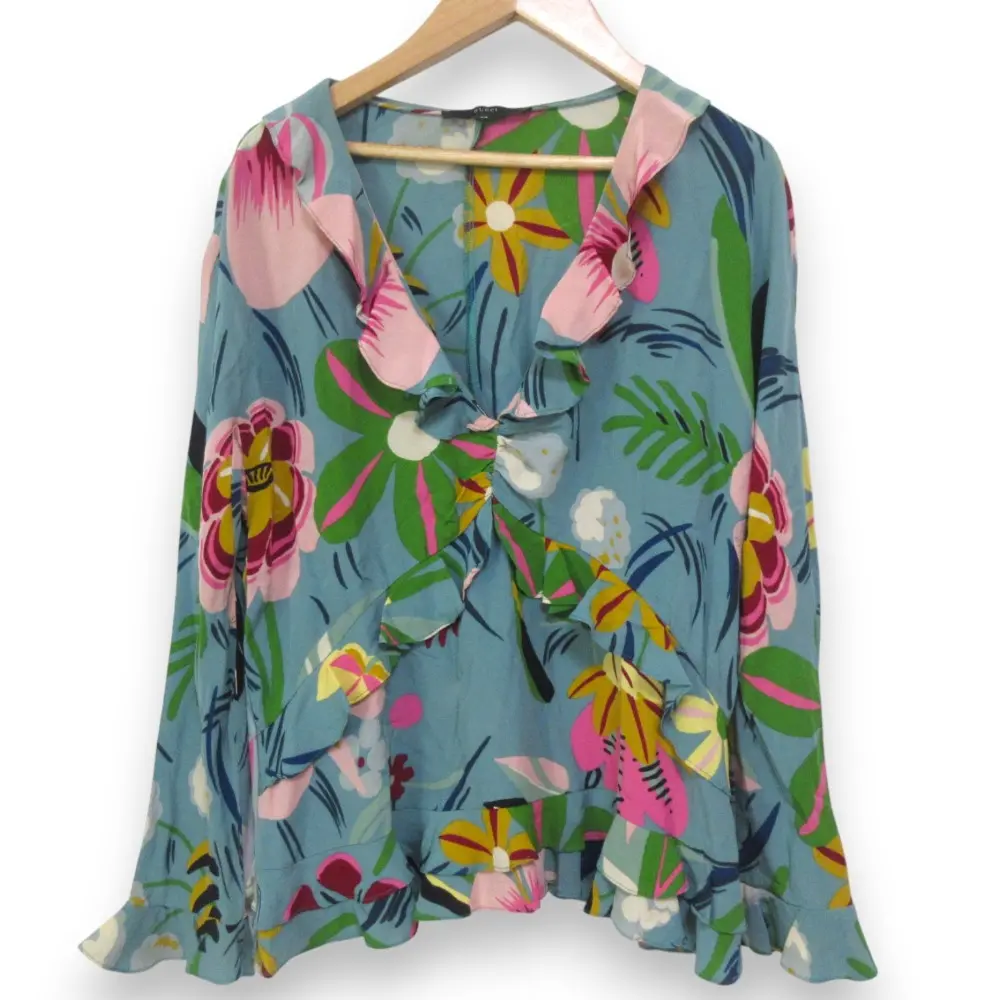GUCCI グッチ トムフォード期 99年製 ヴィンテージ シルク100％ フラワープリント Vネック 長袖 ブラウス 44 ブルー系マルチカラー