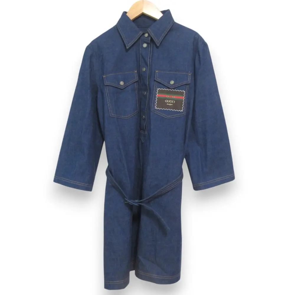 GUCCI グッチ ロゴパッチ ベルト付き 長袖 ミモレ丈 デニムワンピース 625069 サイズ44 インディゴブルー系