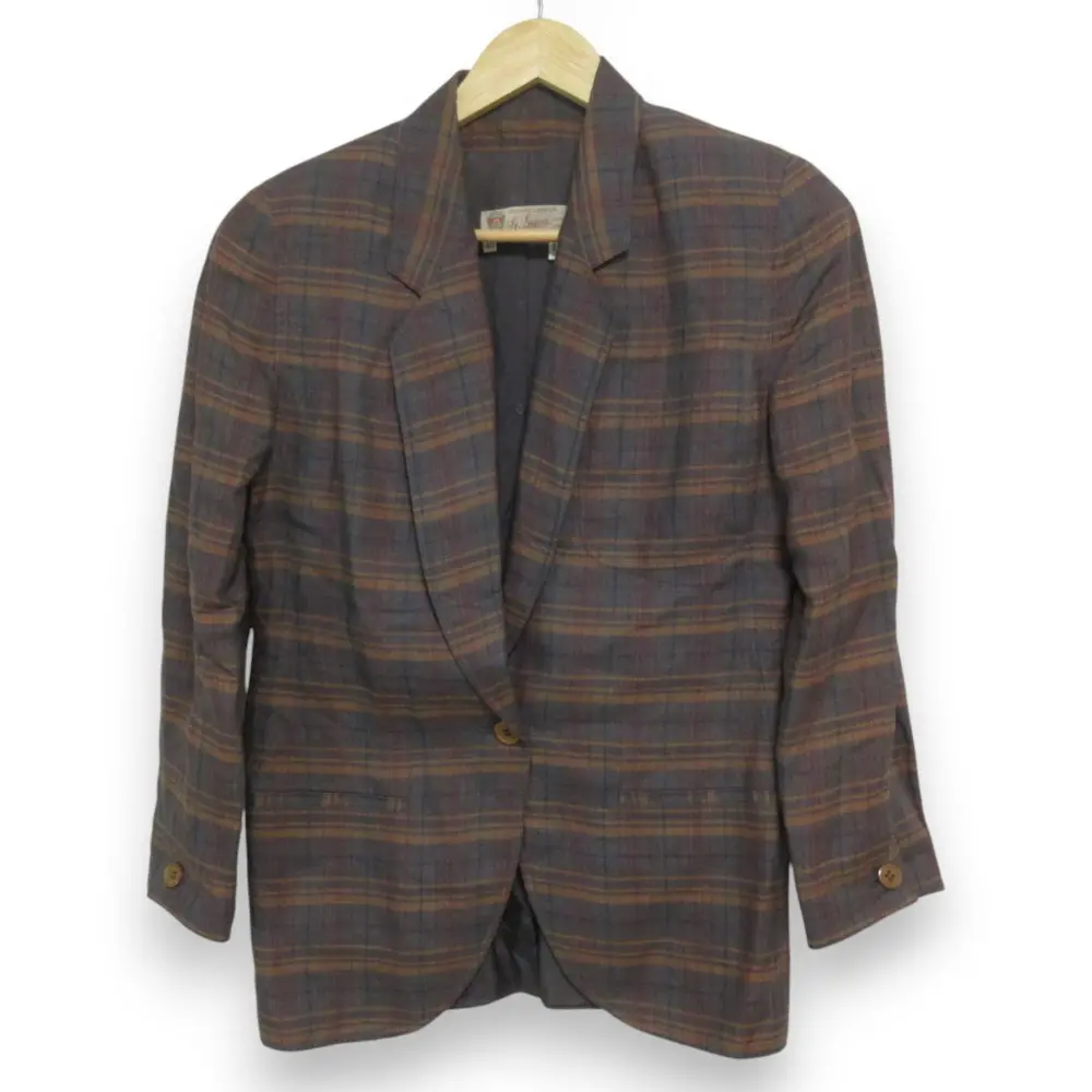 GUCCI オールドグッチ ヴィンテージ リネン100％ チェック柄 シングルテーラードジャケット サイズ40 グレー×ブラウン