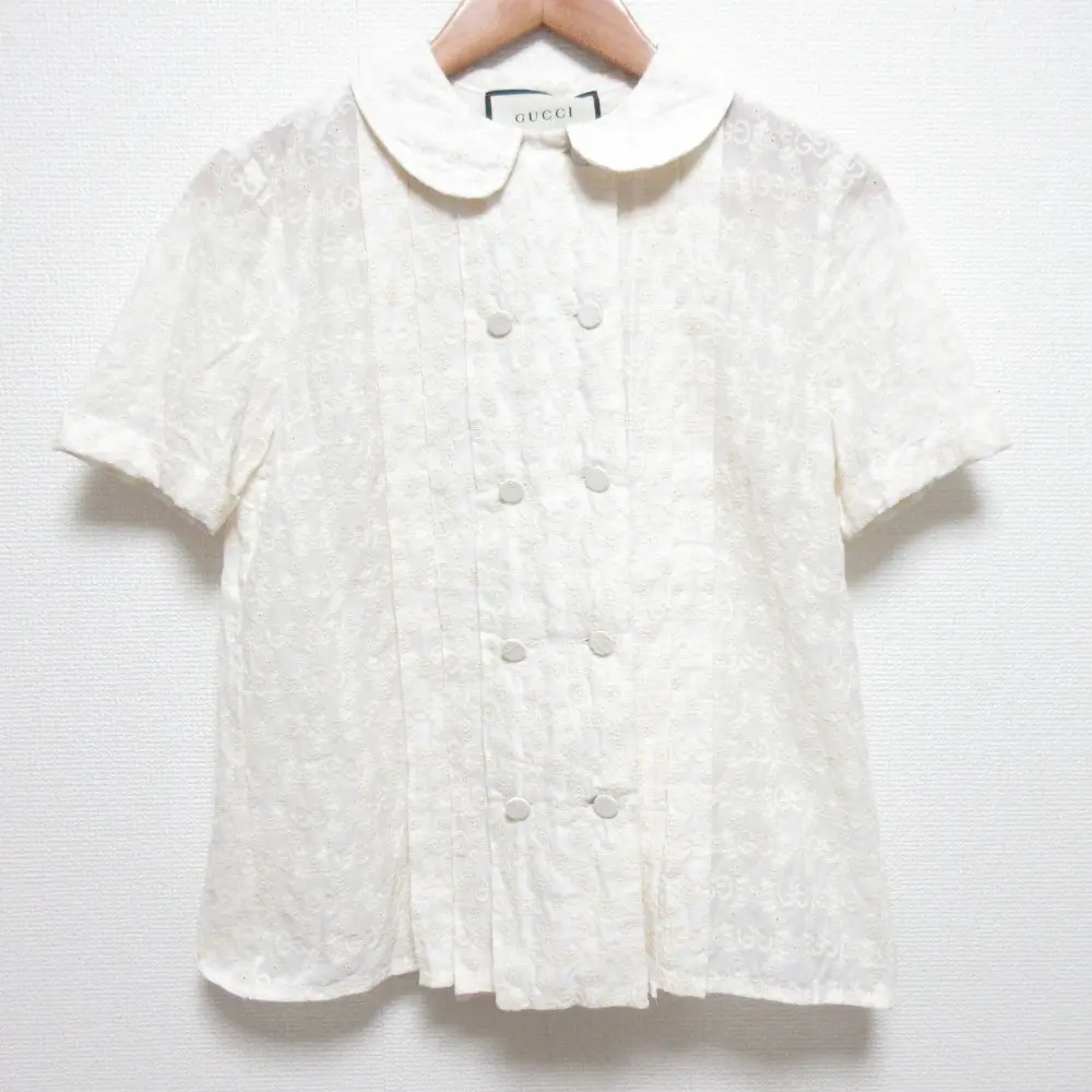 GUCCI グッチ GG刺繍 レース 半袖 シアー ブラウス サイズ36 キナリ