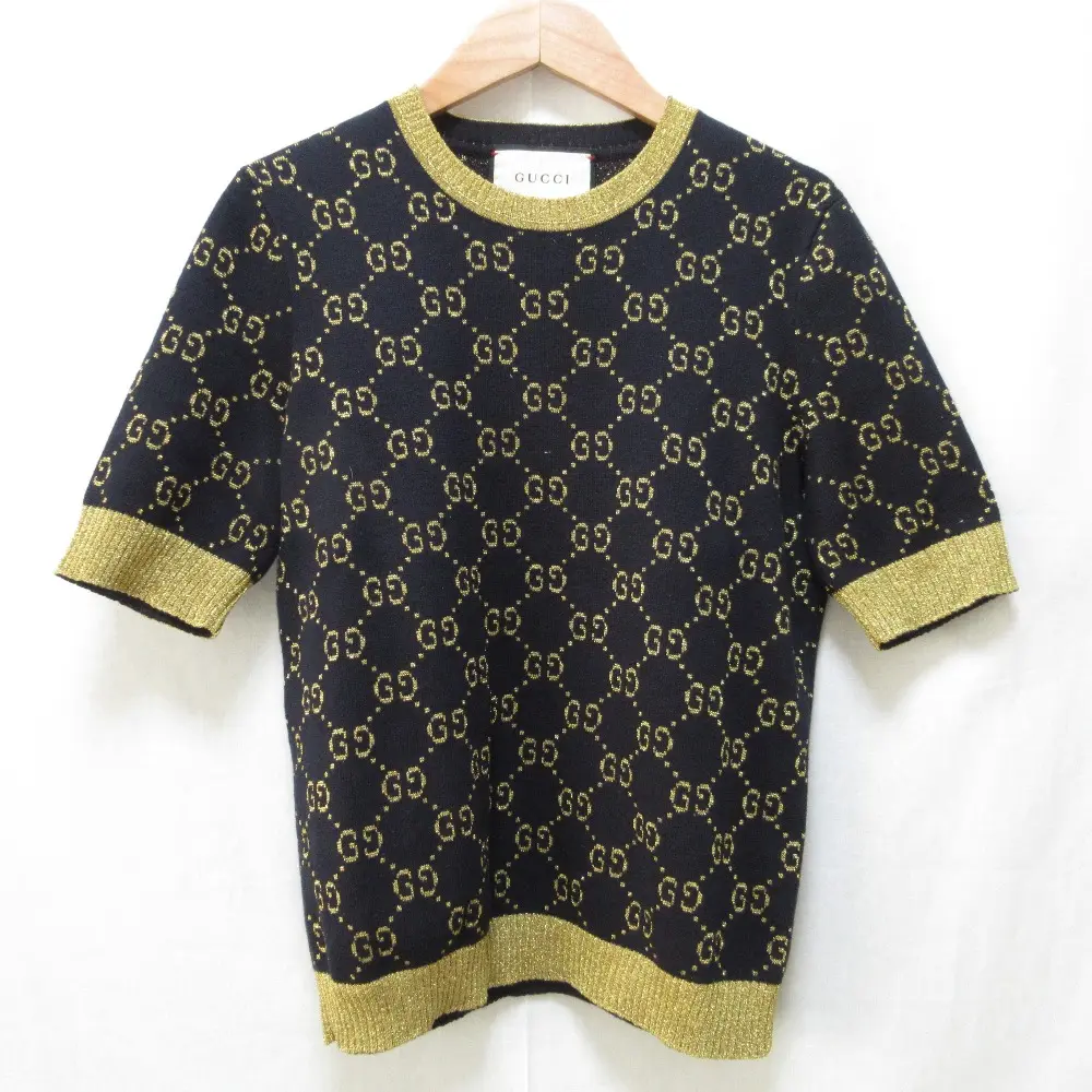 GUCCI グッチ 現行モデル GGコットンラメ ファブリック トップス 半袖 ニットカットソー セーター 526759 M ブラック