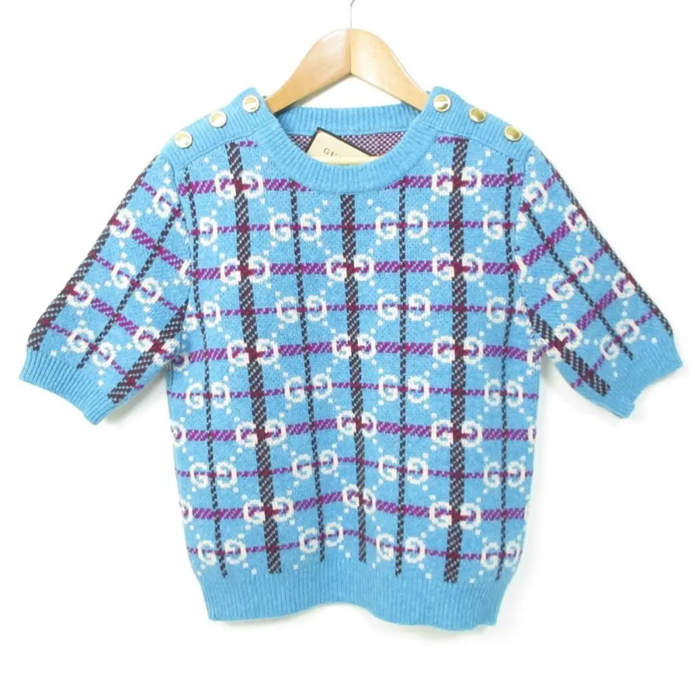 23AW GUCCI グッチ GG×チェック柄 半袖 ニット セーター 731583 Sサイズ ブルー