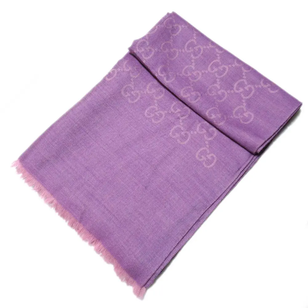 GUCCI グッチ GG柄 ジャガード ウール シルクブレンド フリンジ ストール マフラー パープル