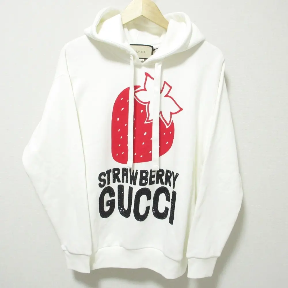 GUCCI グッチ 22SS ストロベリー クリスタルロゴ プルオーバー スウェットパーカー 615061 オーバーサイズ XXS ホワイト