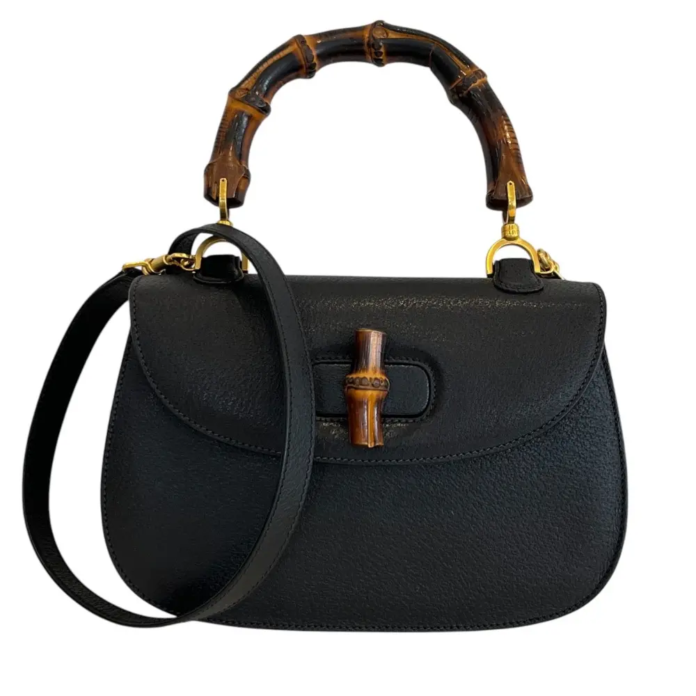 GUCCI グッチ ヴィンテージ レザー ターンロック 2WAY バンブー ハンドバッグ ショルダーバッグ 0633 ブラック×ゴールド金具