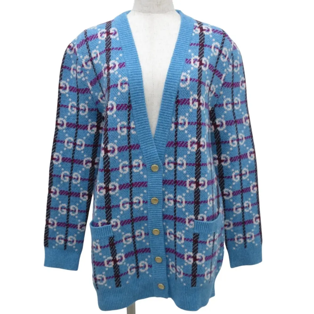 23SS GUCCI グッチ GGチェック 金ボタン ウールニット カーディガン 731585 XS ブルー
