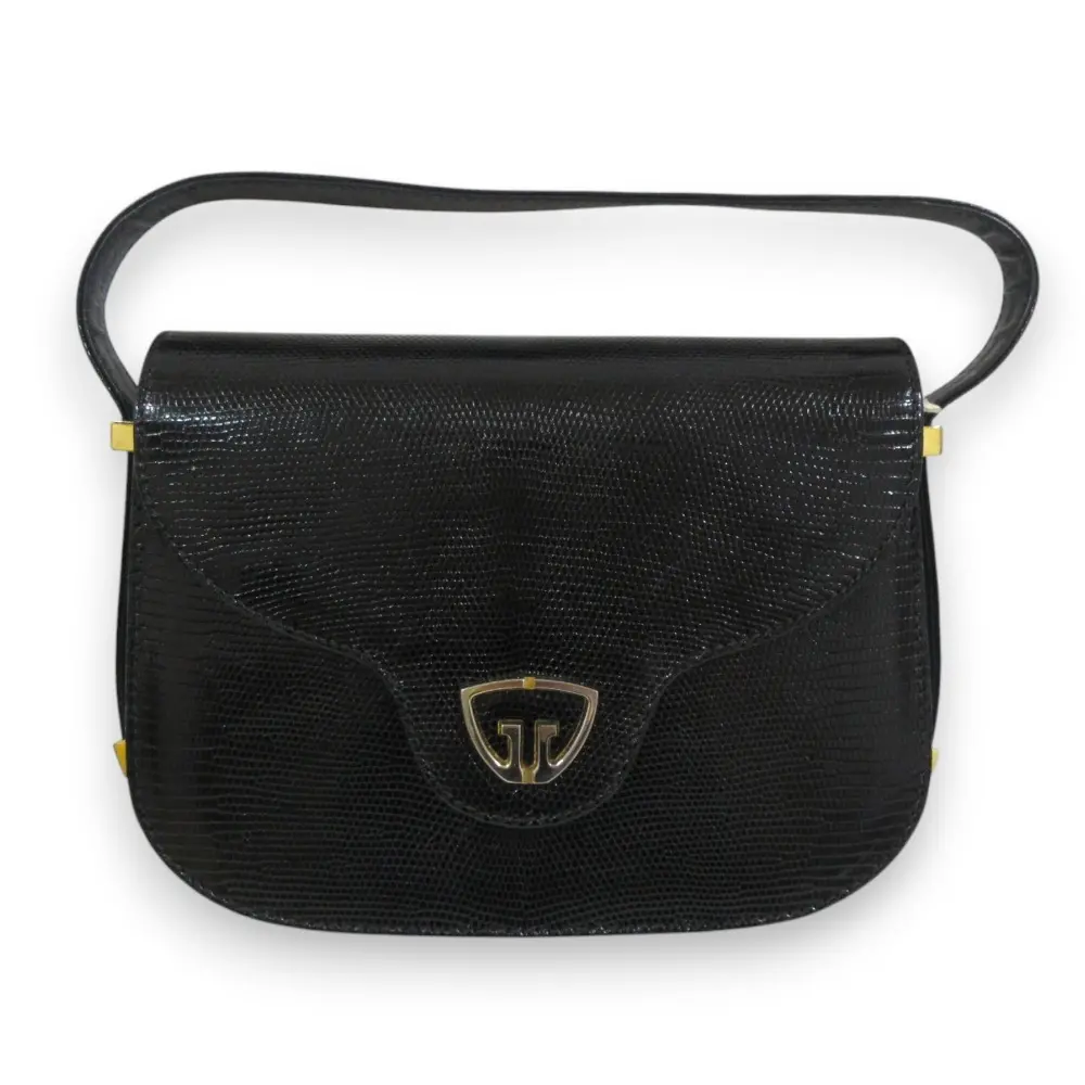 GUCCI オールドグッチ ヴィンテージ リザードレザー トライアングルGG金具 ワンショルダーバッグ ハンドバッグ ブラック ゴールド金具