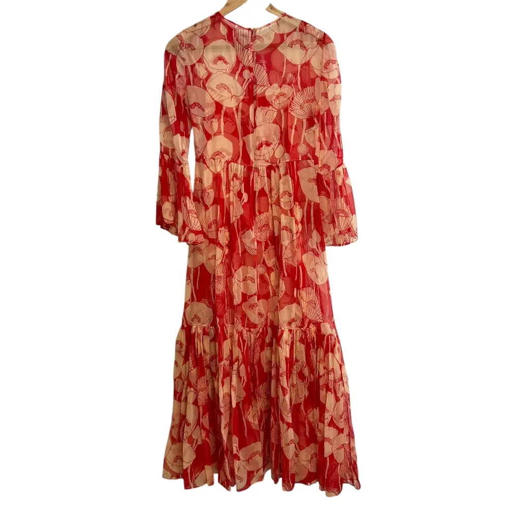 GUCCI グッチ フラワープリント シルク100％ 長袖 シアードレス ワンピース ペチコート付き 36 レッド×ベージュ