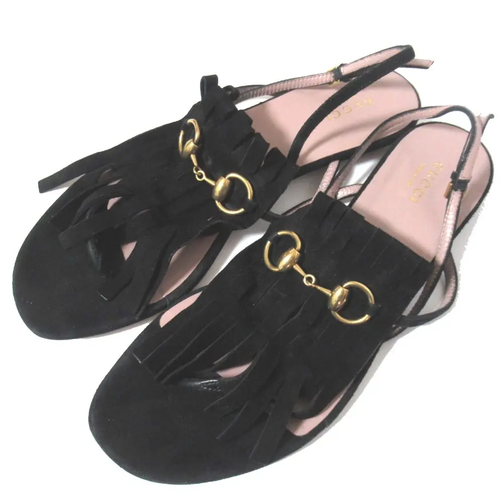 GUCCI グッチ スエード ホースビット フリンジ スリングバック フラット トングサンダル 38.5サイズ 25.5cm相当 ブラック