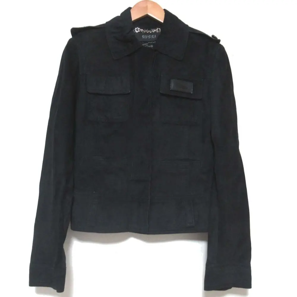 GUCCI グッチ ラスト トムフォード期 スエード レザーパッチ シングル 比翼 ミリタリージャケット 40サイズ ブラック