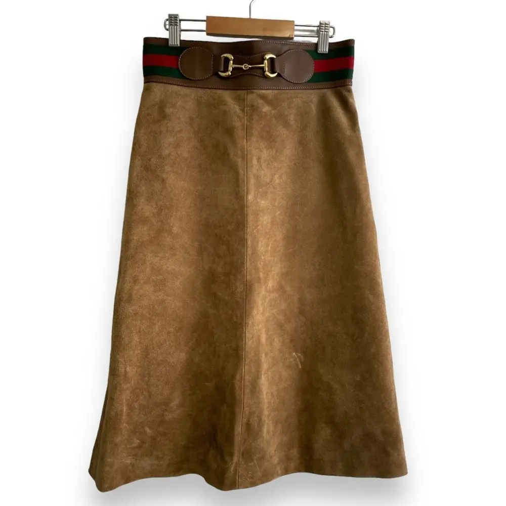 GUCCI グッチ スエード ホースビット シェリーライン ひざ下丈 フレアスカート 38 キャメル
